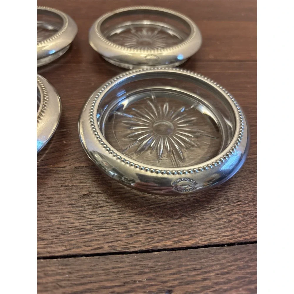 Set of‎ 4 Vtg W&S Blackington Silverplate Rimmed Over Glass Starburst Coasters